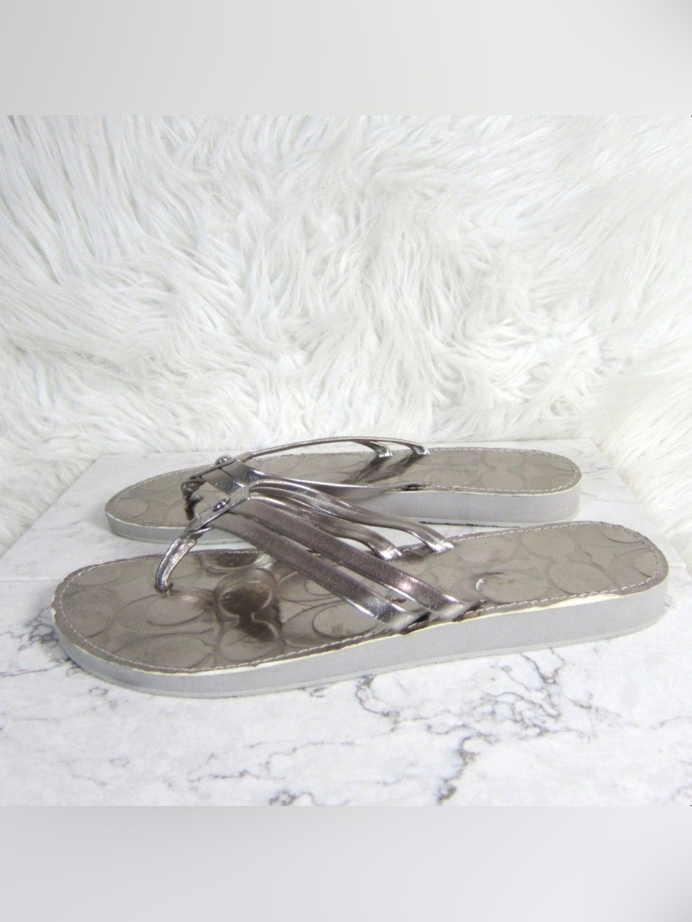 COACH Metallic Silver Women's Thong Sandals Flip Flop - Picture 3 of 8